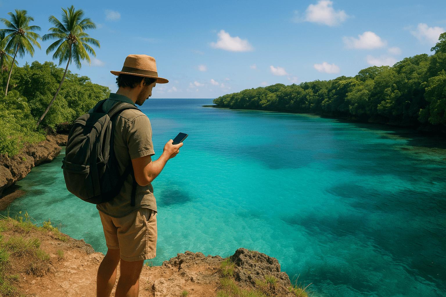 Traveler checking mobile network signal in the Andaman Islands
